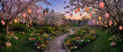 Twilight Spring Garden With Easter Egg Lanterns