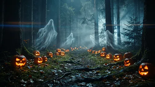 Glowing Jack-O'-Lanterns and Ghosts in Forest