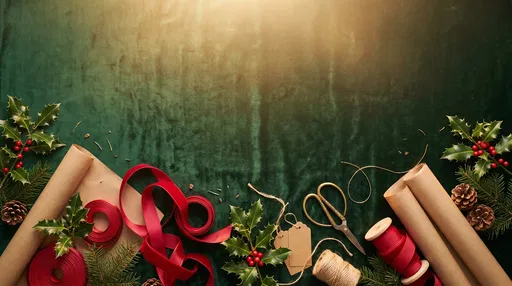 Festive Gift Wrapping Flat Lay Background