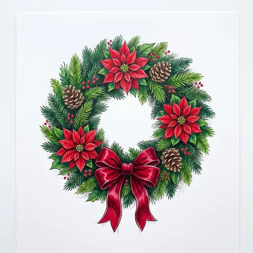 Hand-Drawn Christmas Wreath with Red Bow