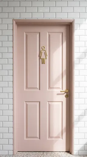 Pink Restroom Door With Brass Sign