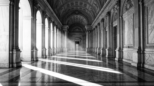 Monochrome Classical Marble Colonnade With Light Beams