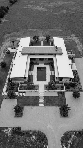 Monochrome Aerial View of Modern Ranch House