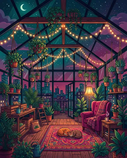 Cozy Rooftop Greenhouse Illustration at Night
