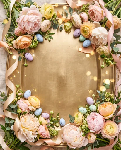 Spring Floral Brass Tray Flatlay with Eggs