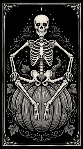 Monochrome Skeleton Sitting on Giant Pumpkin