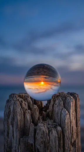 Glass Orb Reflecting Sunset on Driftwood