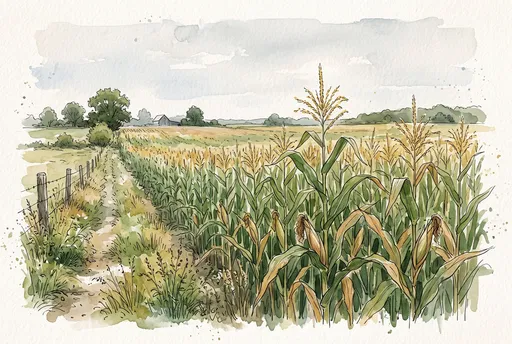 Watercolor Sketch of Summer Cornfield