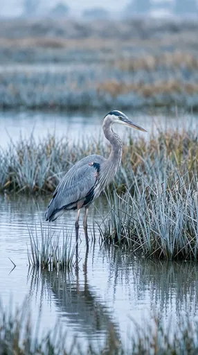 Great Blue Heron in Marsh Water