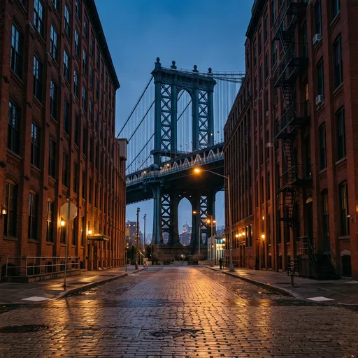DUMBO Cobblestone Street and Bridge at Dusk