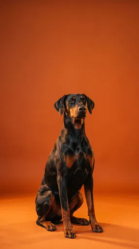 Doberman Pinscher Sitting on Orange Backdrop