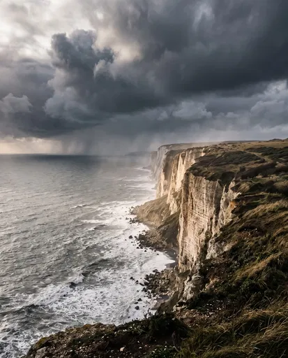 Storm Clouds Over Sunlit Limestone Sea Cliffs