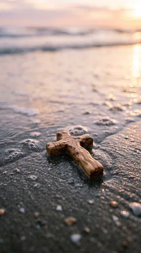 Wooden Cross on Wet Sand at Sunset