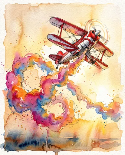 Watercolor Biplane With Colorful Smoke