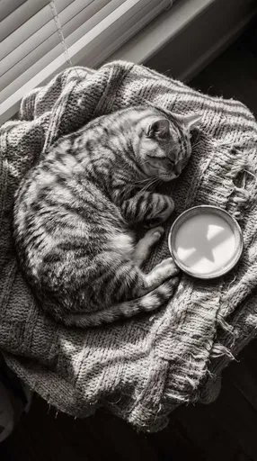Sleeping Tabby Cat on Knit Blanket