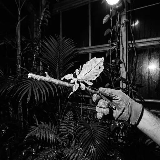 Gloved Hand Holding Leaf Insect on Branch