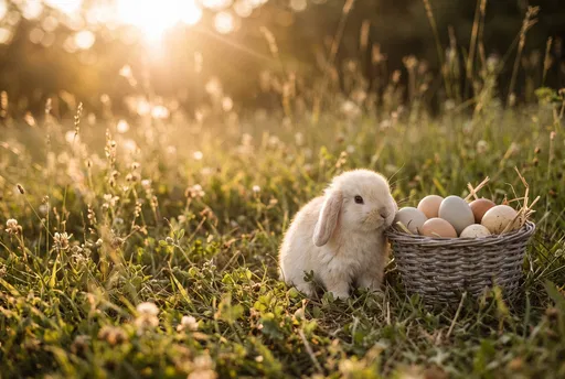 Lop Bunny Beside Egg Basket in Meadow