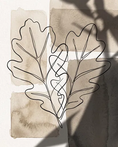 Minimalist Oak Leaves Line Art on Watercolor
