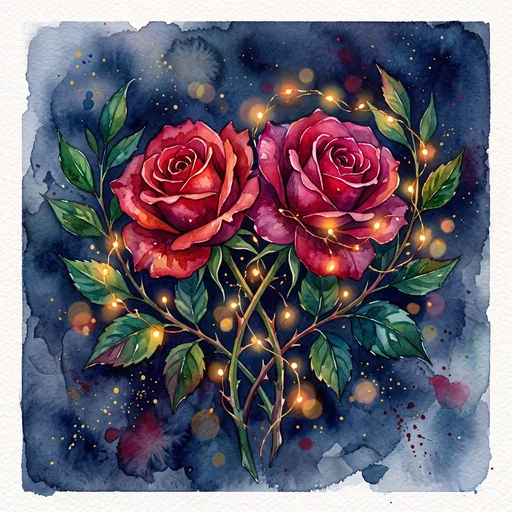 Watercolor Red Roses With Glowing Lights