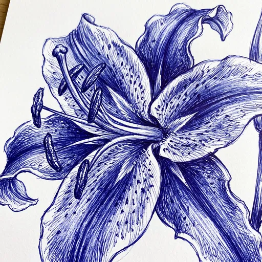Blue Ballpoint Pen Stargazer Lily Sketch
