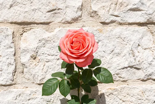 Coral Pink Rose Against White Limestone Wall