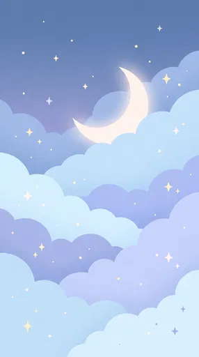 Pastel Blue Clouds and Crescent Moon Illustration