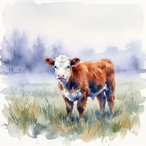 Watercolor Hereford Calf in Misty Pasture