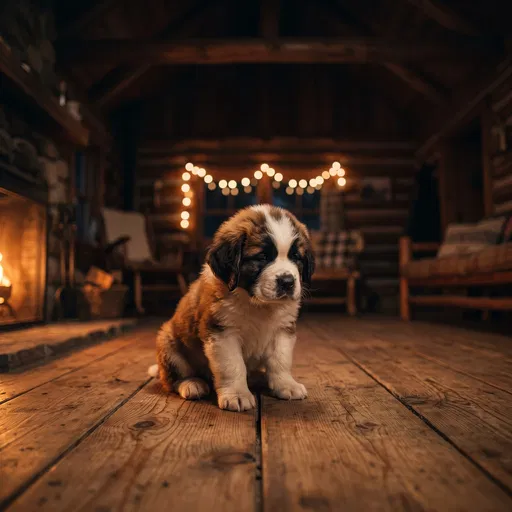 Sleepy Saint Bernard Puppy in Cozy Cabin