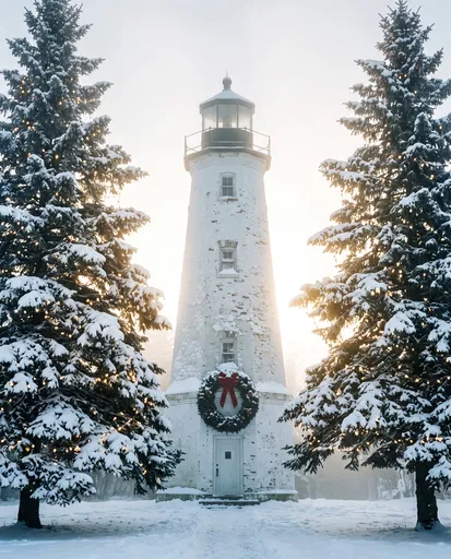 Snowy Lighthouse Framed by Lit Pines