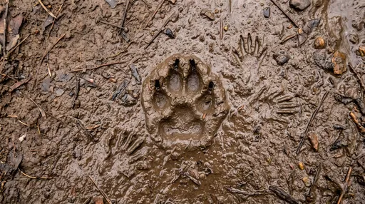 Canine and Raccoon Tracks in Wet Mud