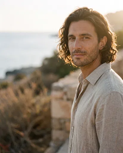 Mediterranean Man With Wavy Hair at Sunset