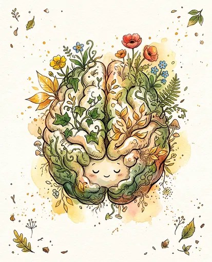 Botanical Cartoon Brain Watercolor Illustration