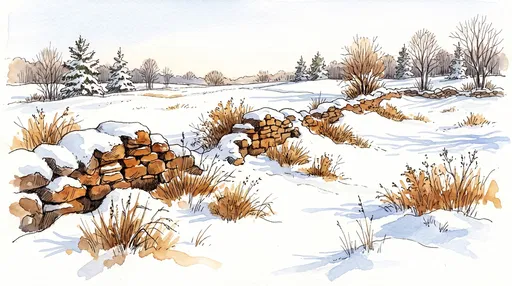 Watercolor and Ink Winter Meadow Landscape