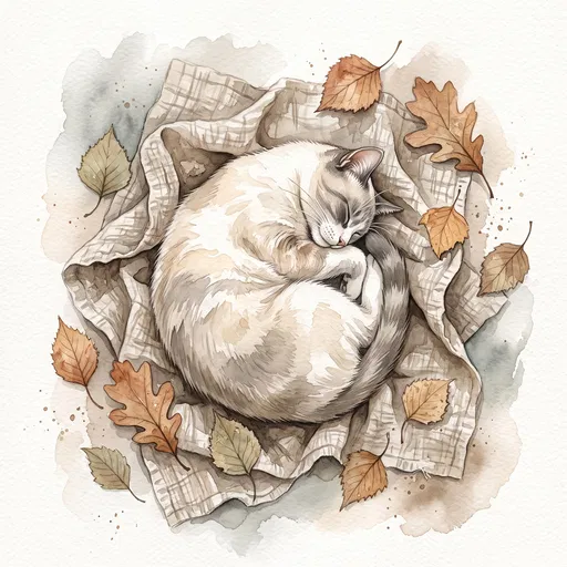 Watercolor Sleeping Cat With Autumn Leaves