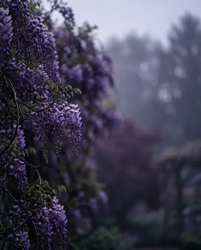 Moody Purple Wisteria in Misty Garden