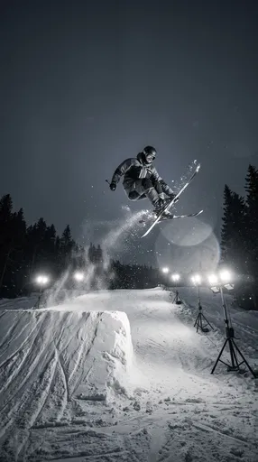 Freestyle Skier Jumping Under Night Floodlights