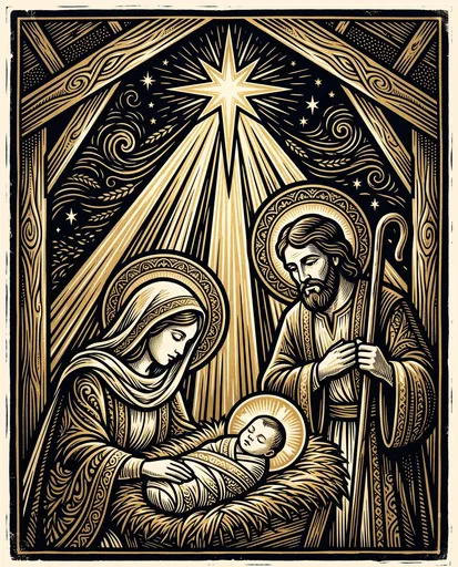 Woodcut Christmas Nativity Scene Illustration
