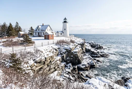 Snowy Coastal Lighthouse on Rocky Cliff