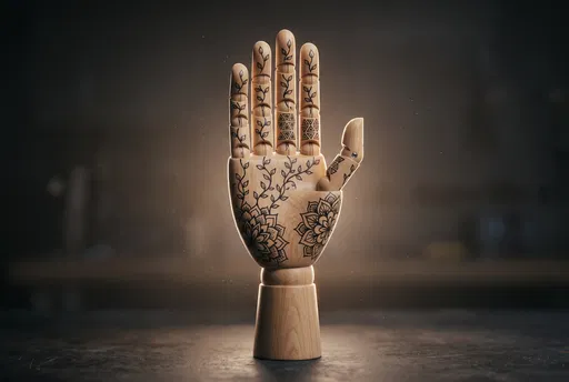 Wooden Mannequin Hand With Black Ink Doodles