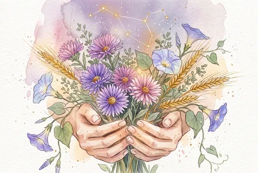 Watercolor Hands Holding September Flower Bouquet