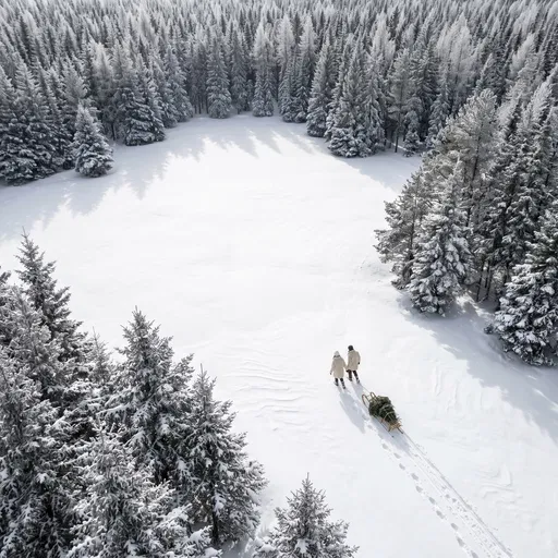 Aerial View of Couple Pulling Christmas Tree