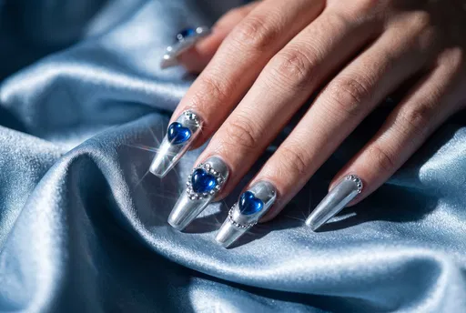 Silver Chrome Nails with Blue Hearts