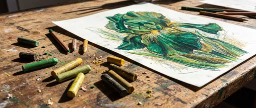 Green Iris Flower Drawing on Wooden Table