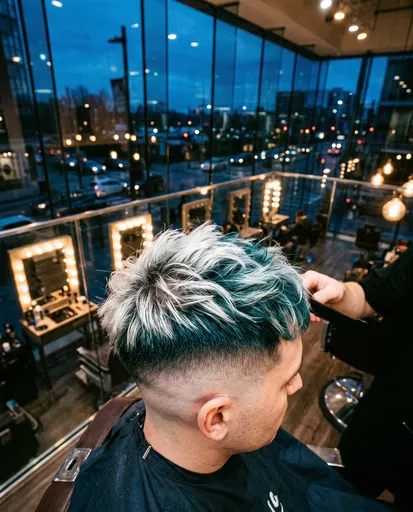 Platinum and Teal Fade Haircut in Salon