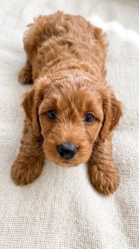 Red Miniature Goldendoodle Puppy on Blanket