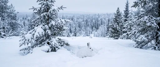 White Hare in Snowy Evergreen Forest