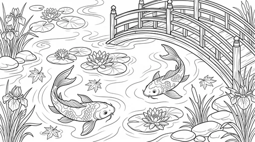 Japanese Koi Pond Coloring Page Illustration