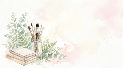 Watercolor Paintbrushes Notebooks and Botanical Leaves Background