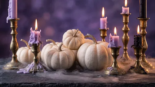 White Pumpkins and Melting Candles Halloween Background