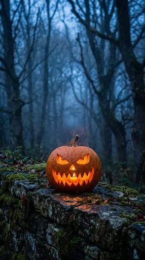 Glowing Jack-O'-Lantern on Mossy Forest Wall